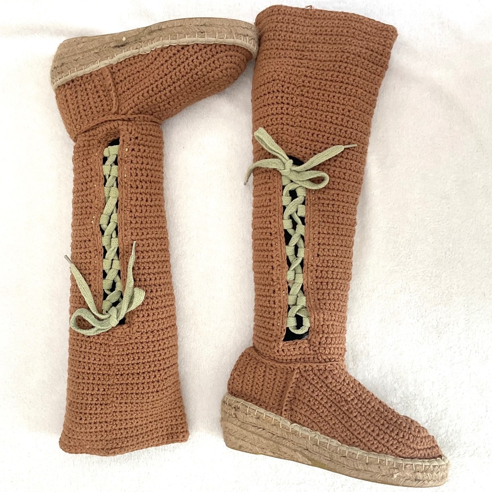 LIVS Crochet Knee High Espadrille Boots Tan Lace Up Boho Cottagecore Size 7